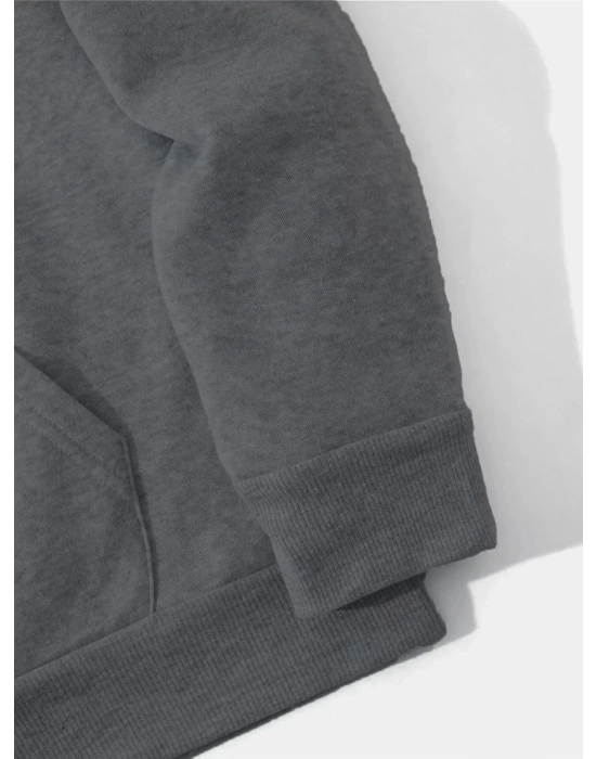 Erkek Düz Kapüşonlu Sweat - Füme