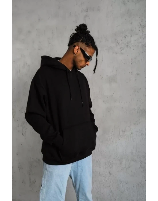 Erkek Düz Kapüşonlu Sweat - Siyah