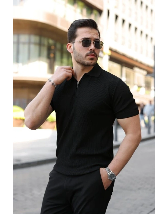 Erkek Fermuarlı Yakalı Kısa Kollu Tshirt