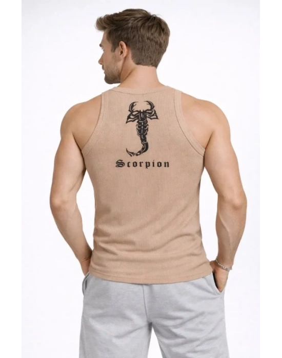 Erkek Fitilli Atlet Sıfır Yaka Slim Fit Arka Baskılı Spor Atlet - Bej