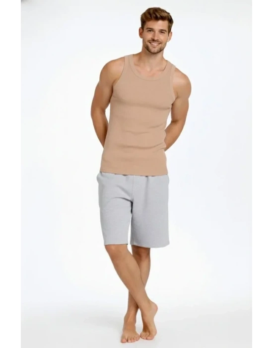 Erkek Fitilli Atlet Sıfır Yaka Slim Fit Arka Baskılı Spor Atlet - Bej