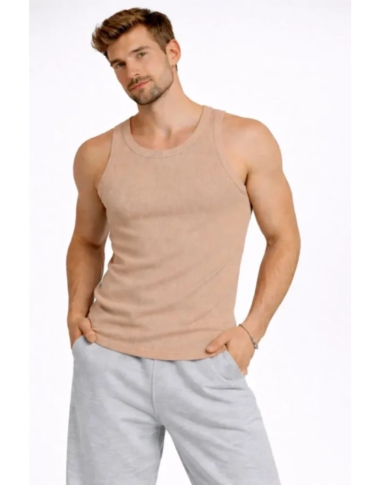 Erkek Fitilli Atlet Sıfır Yaka Slim Fit Arka Baskılı Spor Atlet - Bej
