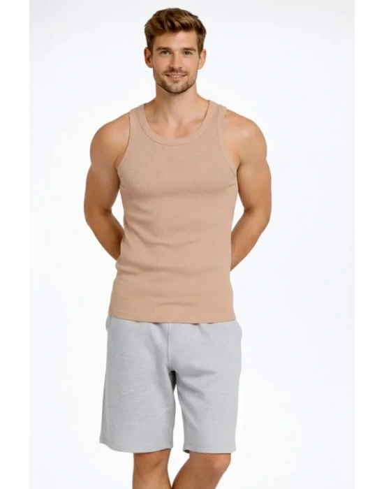 Erkek Fitilli Atlet Sıfır Yaka Slim Fit Arka Baskılı Spor Atlet - Bej
