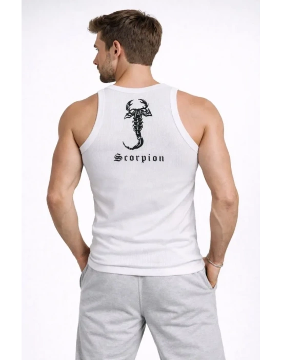 Erkek Fitilli Atlet Sıfır Yaka Slim Fit Arka Baskılı Spor Atlet - Beyaz