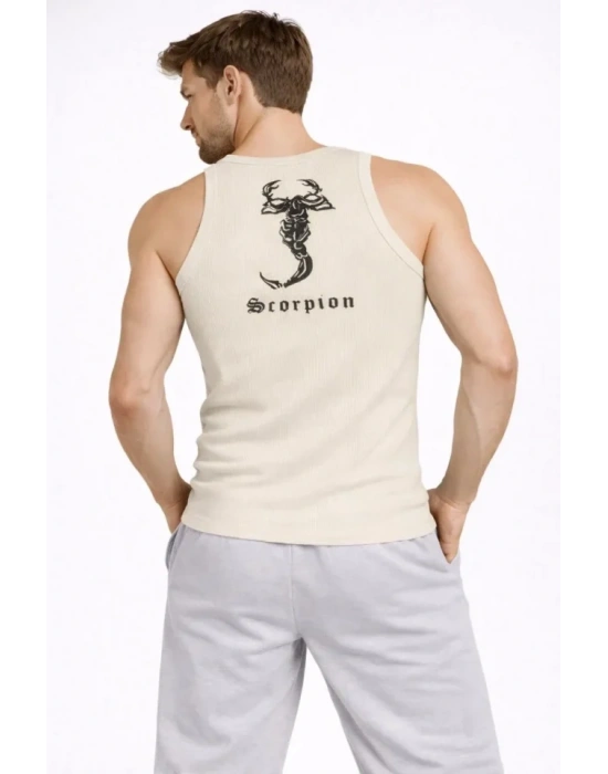 Erkek Fitilli Atlet Sıfır Yaka Slim Fit Arka Baskılı Spor Atlet - Krem