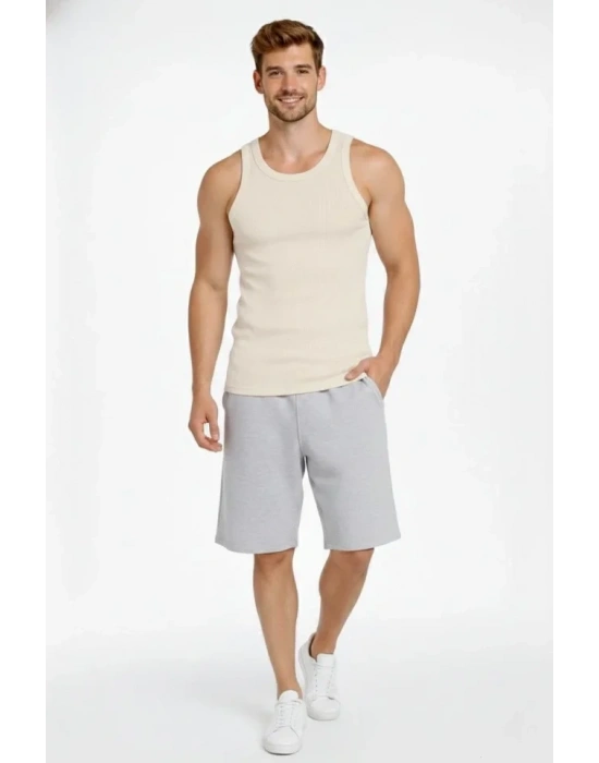 Erkek Fitilli Atlet Sıfır Yaka Slim Fit Arka Baskılı Spor Atlet - Krem