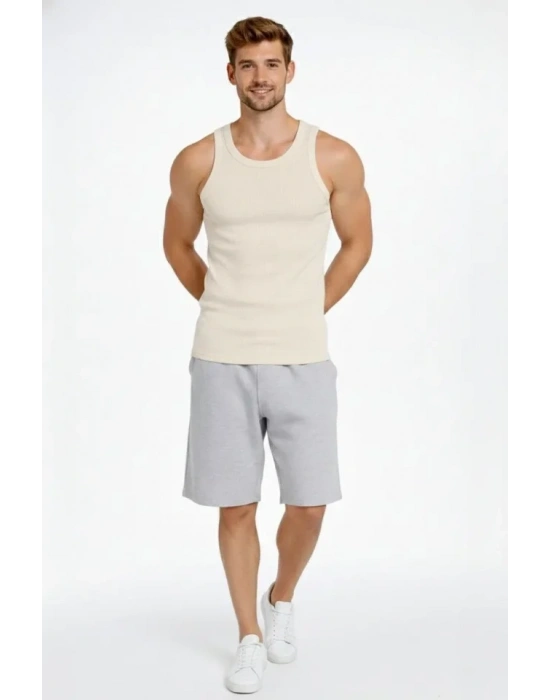 Erkek Fitilli Atlet Sıfır Yaka Slim Fit Arka Baskılı Spor Atlet - Krem