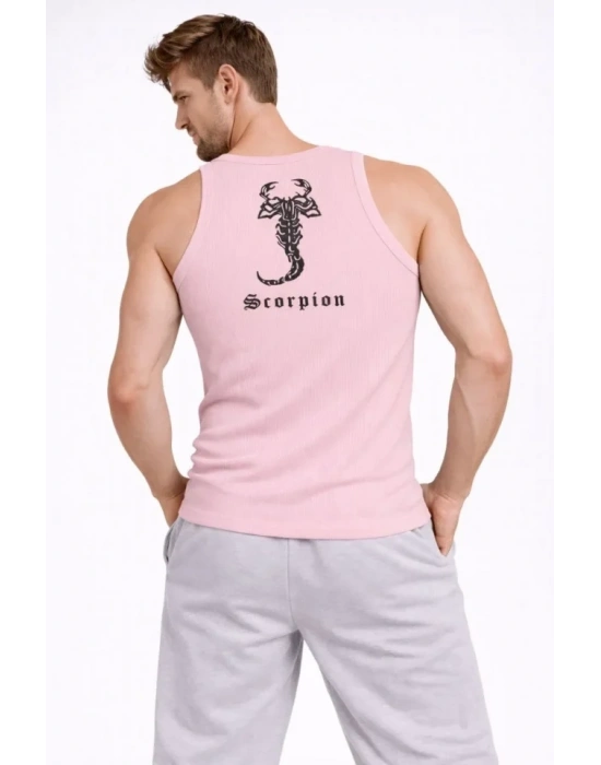 Erkek Fitilli Atlet Sıfır Yaka Slim Fit Arka Baskılı Spor Atlet - Pembe