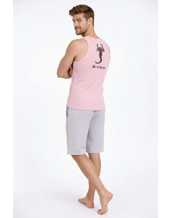 Erkek Fitilli Atlet Sıfır Yaka Slim Fit Arka Baskılı Spor Atlet - Pembe