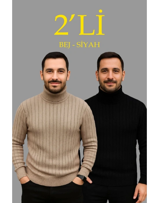 Erkek Fitilli Triko Kazak 2li Set Bej Siyah Regular Balıkcı Yaka Tam Boğazlı Triko Seti Modeli Kazak
