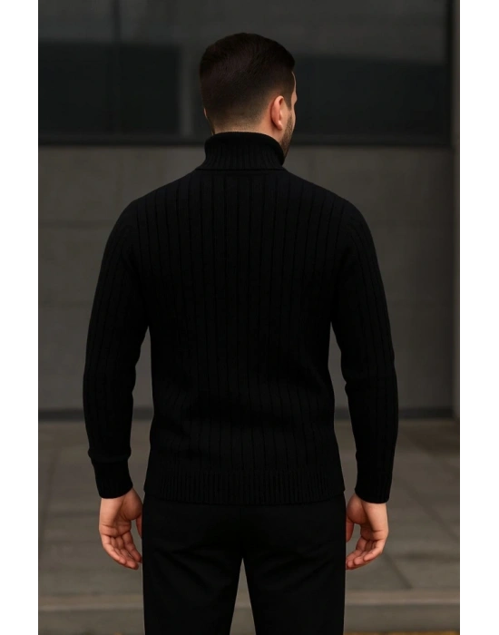 Erkek Fitilli Triko Kazak 2li Set Beyaz Siyah Regular Balıkcı Yaka Tam Boğazlı Triko Seti Modeli Kazak