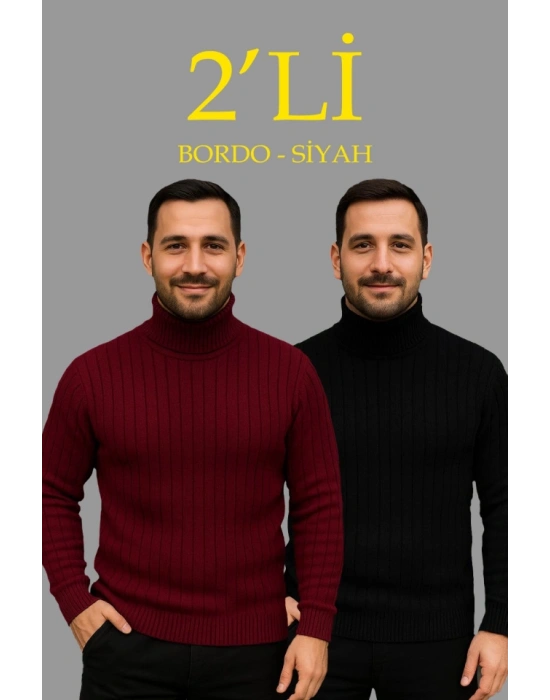 Erkek Fitilli Triko Kazak 2li Set Bordo Siyah Regular Balıkcı Yaka Tam Boğazlı Triko Seti Modeli Kazak