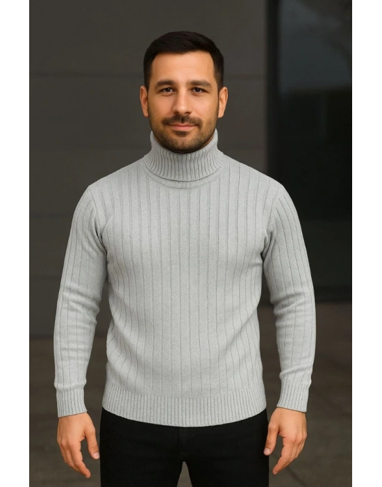Erkek Fitilli Triko Kazak 2li Set Gri Siyah Regular Balıkcı Yaka Tam Boğazlı Triko Seti Modeli Kazak