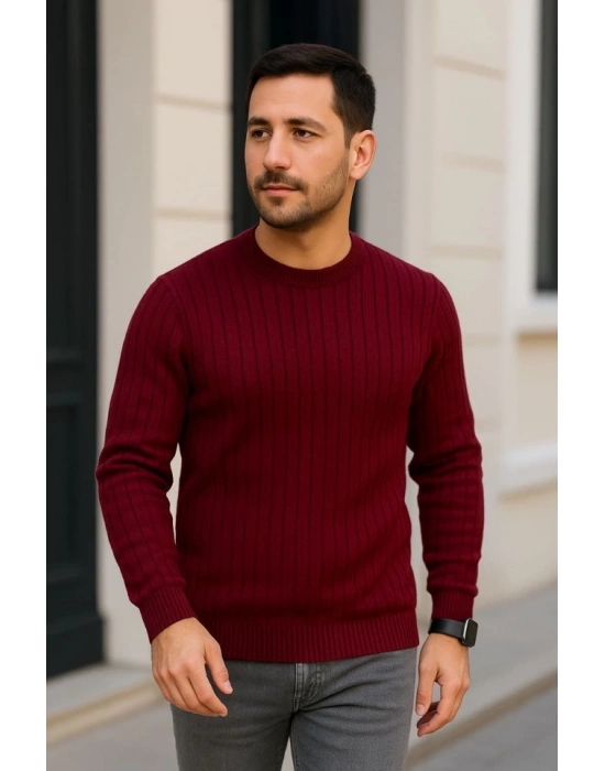 Erkek Fitilli Triko Kazak 2’li Set – Siyah - Bordo, Kalın Dokuma Pamuklu Regular Fit Bisiklet Yaka Uzun Kollu Rahat Kışlık Kazak Kombini