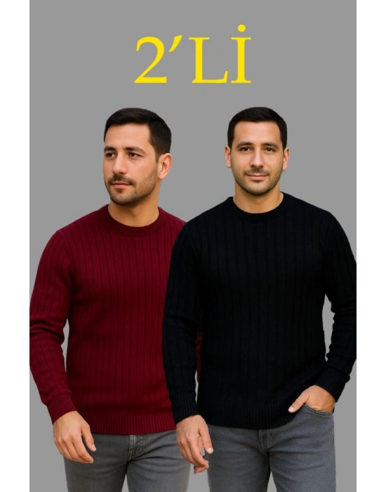 Erkek Fitilli Triko Kazak 2’li Set – Siyah - Bordo, Kalın Dokuma Pamuklu Regular Fit Bisiklet Yaka Uzun Kollu Rahat Kışlık Kazak Kombini