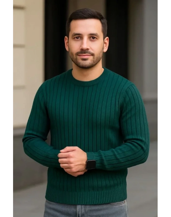 Erkek Fitilli Triko Kazak 2’li Set Siyah Haki Kalın Dokuma Pamuklu Regular Fit Bisiklet