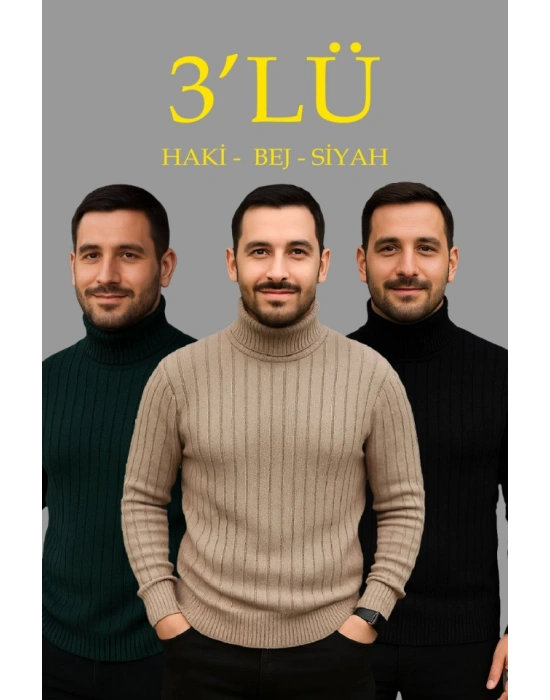 Erkek Fitilli Triko Kazak 3lÜ Set Bej Haki Siyah Regular Balıkcı Yaka Tam Boğazlı Triko Seti Modeli Kazak