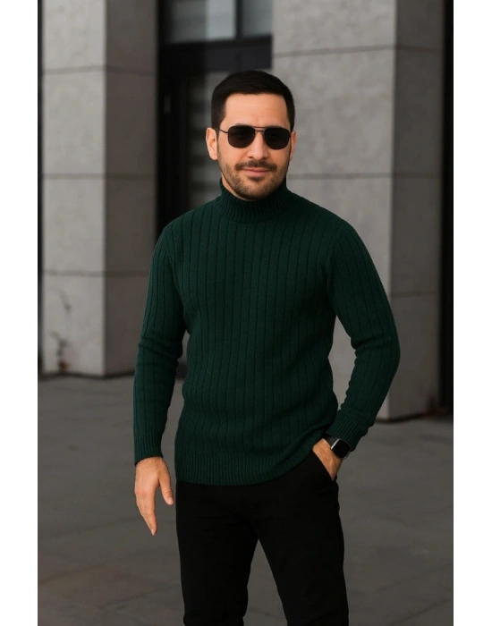 Erkek Fitilli Triko Kazak 3lÜ Set Gri Haki Siyah Regular Balıkcı Yaka Tam Boğazlı Triko Seti Modeli Kazak