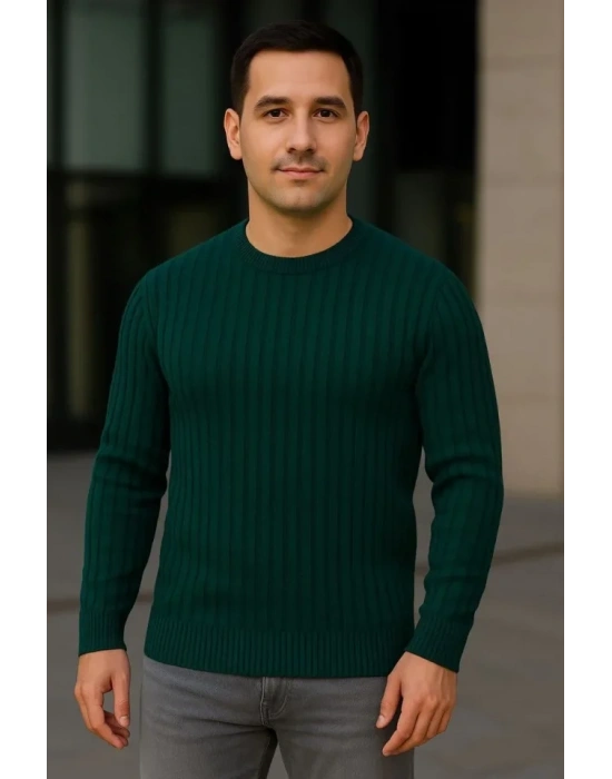 Erkek Fitilli Triko Kazak 3lü Set Gri Haki Siyah Regular Fit Bisiklet Yaka Triko Seti Modeli Kazak