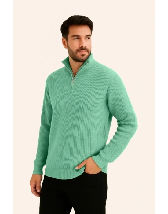 Erkek Fitilli Triko Kazak 3’lü Set – Mint Yeşili, Siyah, Bej Kalın Dokuma Pamuklu Regular Fit V Yaka Fermuarlı Uzun Kollu Rahat Kışlık Kazak Kombini