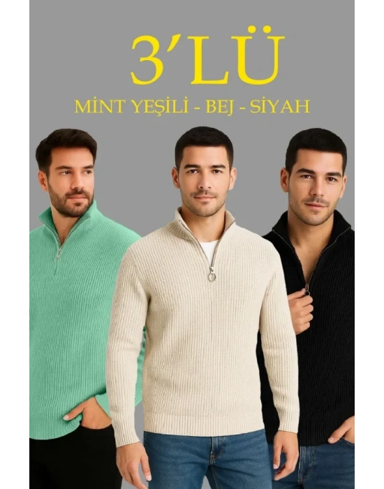 Erkek Fitilli Triko Kazak 3’lü Set – Mint Yeşili, Siyah, Bej Kalın Dokuma Pamuklu Regular Fit V Yaka Fermuarlı Uzun Kollu Rahat Kışlık Kazak Kombini