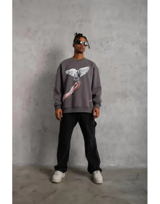 Erkek Güvercin Baskılı Sweatshirt - Gri