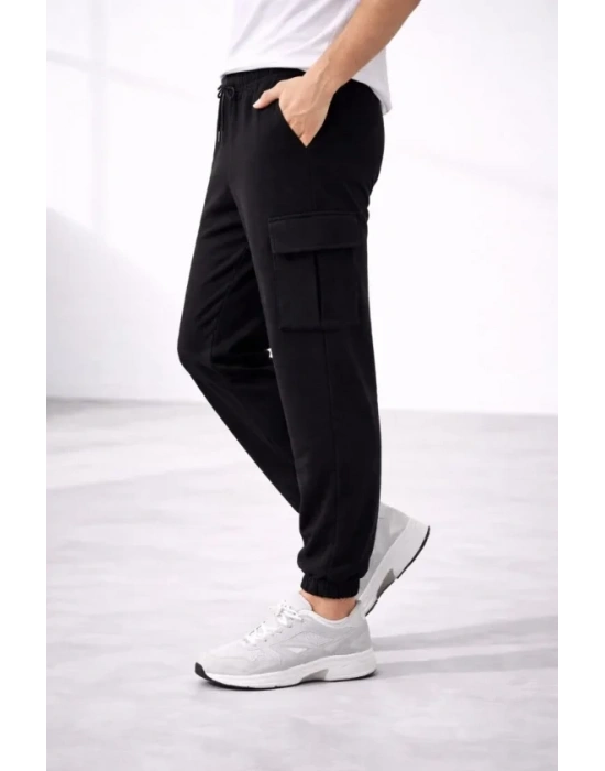 Erkek Jogger Eşofman Altı Regular Fit , Kargo Cepli, Lastikli Paça, Günlük Spor Pantolon - Siyah