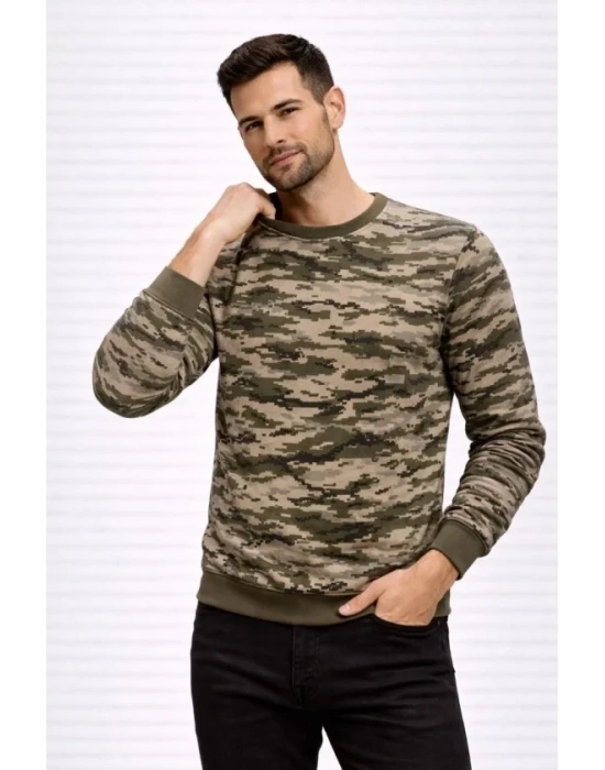 Erkek Kamuflaj Desenli 2 İplik 4 Mevsim Uzun Kollu Bisiklet Yaka Sweatshirt - Kamuflaj