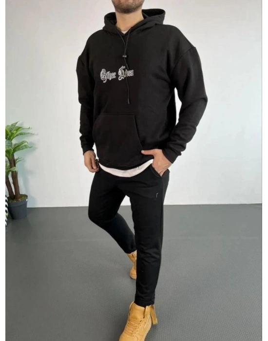 Erkek Kapşonlu Sweatshirt – Oversize Üç İplik Şardonlu Hoodie, “Other Lives” Ön - Arka Baskılı, Kanguru Cepli, Kışlık Rahat Günlük Stil - Siyah