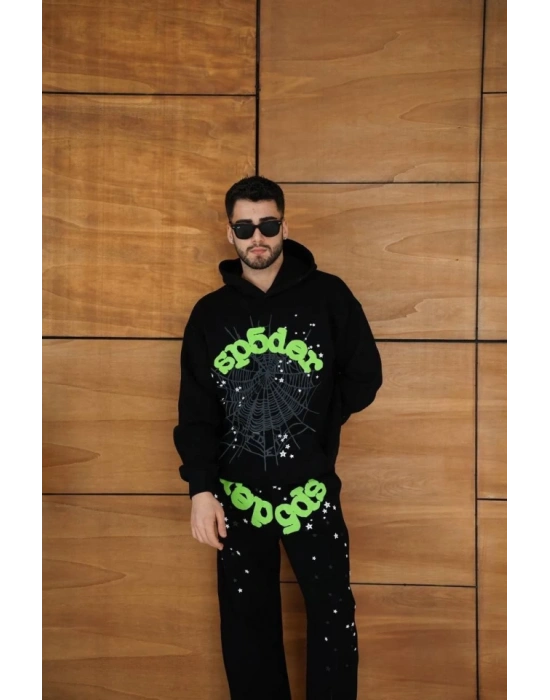 Erkek Kapüşonlu Eşofman Takım Örümcek Ağı Ve Neon Yeşil Baskılı Kanguru Cepli Oversize Rahat Kalıp, Premium Üç İplik Kumaş - Siyah