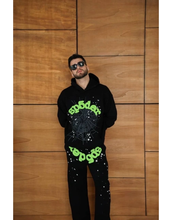 Erkek Kapüşonlu Eşofman Takım Örümcek Ağı Ve Neon Yeşil Baskılı Kanguru Cepli Oversize Rahat Kalıp, Premium Üç İplik Kumaş - Siyah