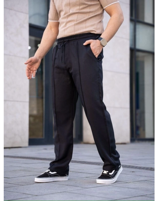 Erkek Keten Cepli Çıma Dikişli Jogger Buggy Pantalon Rahat Kalıp - Siyah