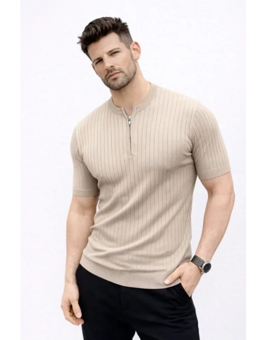 Erkek Kısa Kol Fitilli Triko T-Shirt Yazlık Hakim Yaka Tişört - Bej