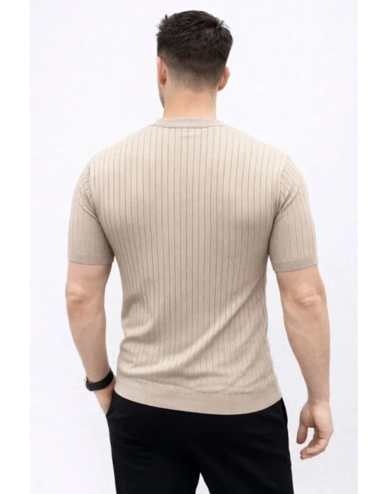 Erkek Kısa Kol Fitilli Triko T-Shirt Yazlık Hakim Yaka Tişört - Bej