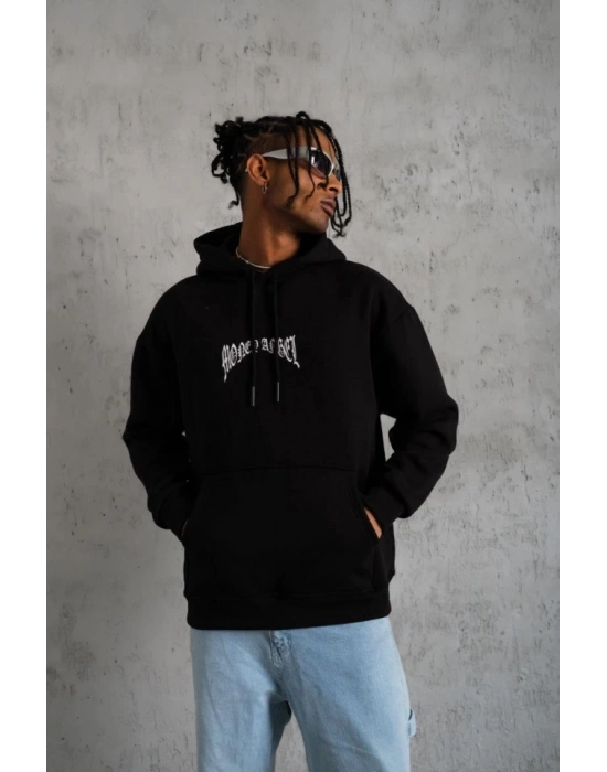 Erkek Kordon İpli Baskılı Kapüşonlu Sweatshirt - Siyah