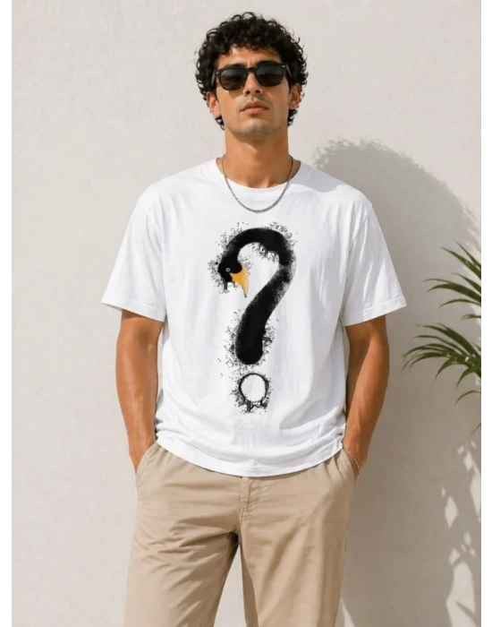 Erkek Kuğu Figürlü Soru İşareti Baskılı Tişört Kısa Kol T-Shirt - Beyaz