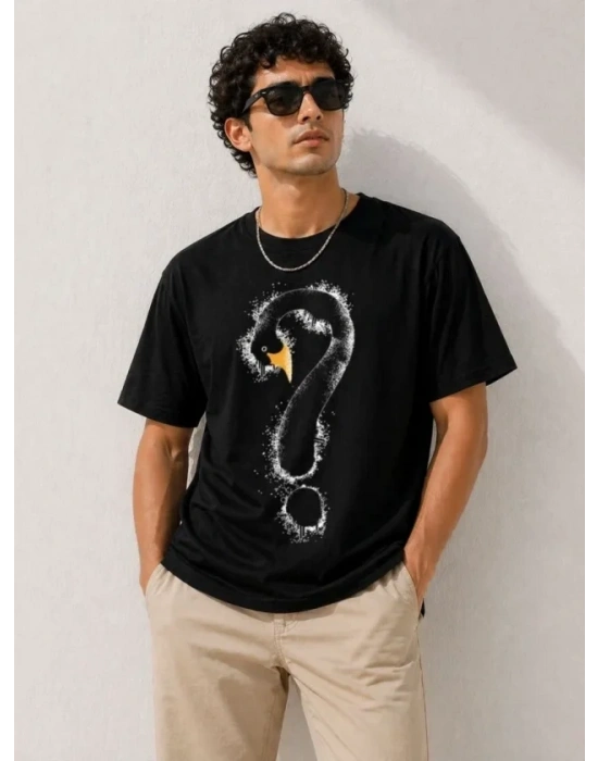 Erkek Kuğu Figürlü Soru İşareti Baskılı Tişört Kısa Kol T-Shirt - Siyah