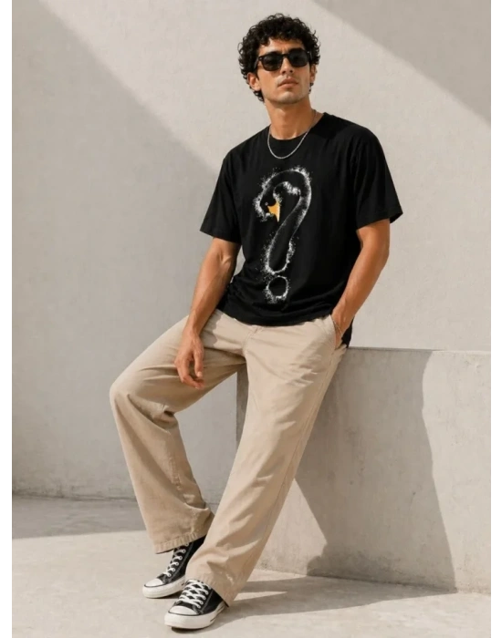 Erkek Kuğu Figürlü Soru İşareti Baskılı Tişört Kısa Kol T-Shirt - Siyah