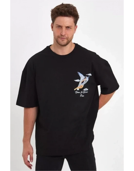 Erkek Melek Baskılı Oversize T-shirt - Siyah