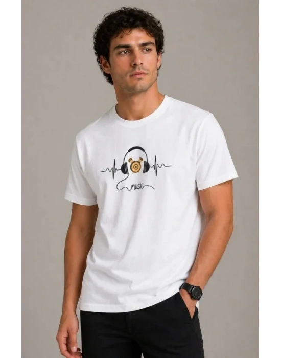 Erkek Müzik Temalı Baskılı Tişört Bisiklet Yaka Kısa Kol T-Shirt - Beyaz
