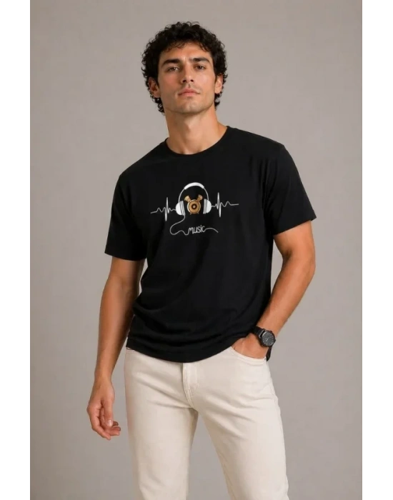 Erkek Müzik Temalı Baskılı Tişört Bisiklet Yaka Kısa Kol T-Shirt - Siyah