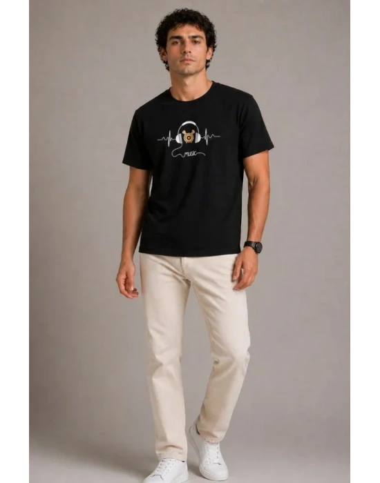 Erkek Müzik Temalı Baskılı Tişört Bisiklet Yaka Kısa Kol T-Shirt - Siyah