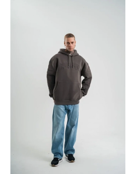 Erkek Nakış İşlemeli Kapşonlu Antrasit Sweatshirt Üç İplik Double Oversize- Füme
