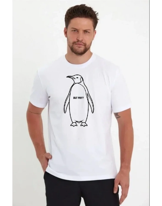 Erkek Nihilist Penguen Özel Tasarım Oversize Bisiklet Yaka Tişört - Beyaz