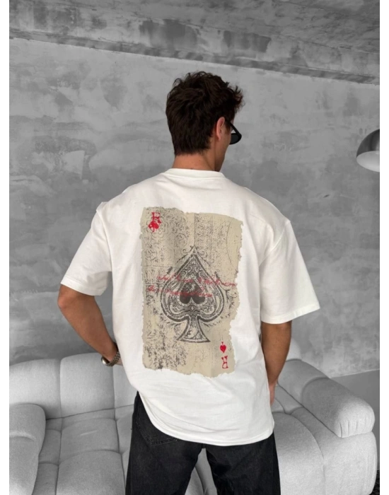 Erkek Ön Ve Arka Baskılı Oversize Bisiklet Yaka T-shirt - Beyaz