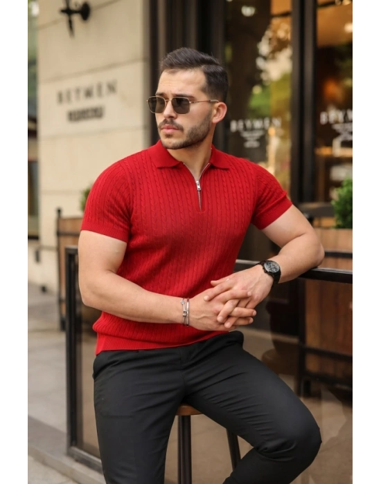 Erkek Örgü Desen Fermuar Yakalı Triko Tişört