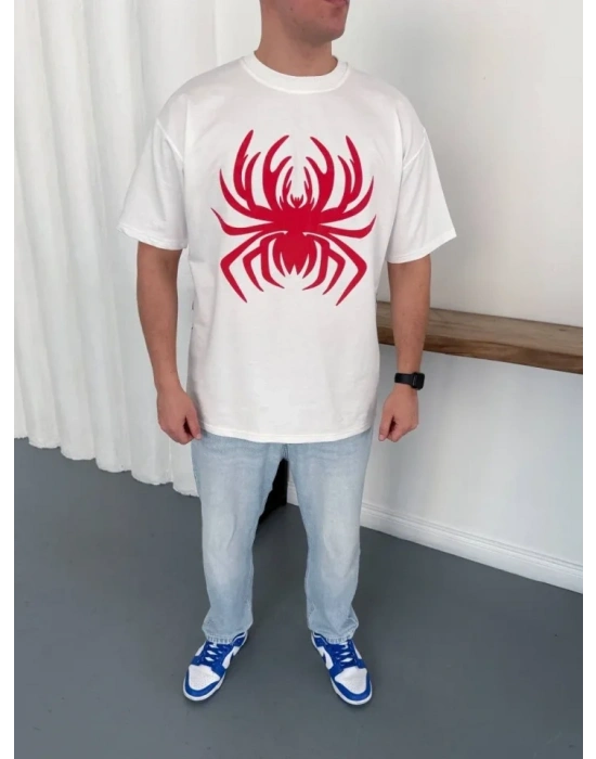 Erkek Örümcek Baskılı Tişört Kısa Kollu Bisiklet Yaka T-Shirt - Beyaz