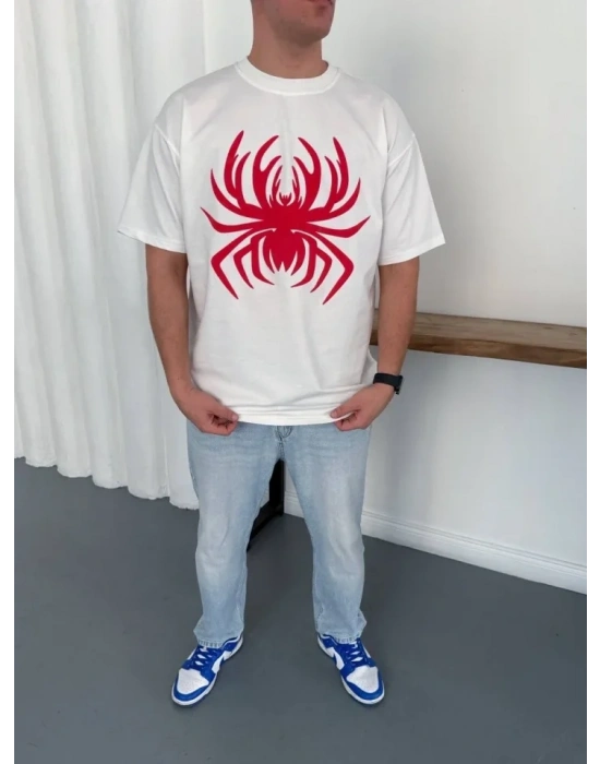 Erkek Örümcek Baskılı Tişört Kısa Kollu Bisiklet Yaka T-Shirt - Beyaz