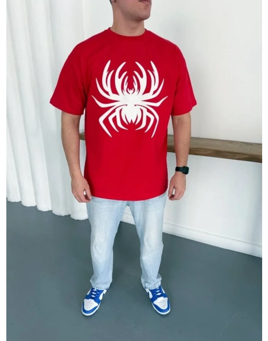 Erkek Örümcek Baskılı Tişört Kısa Kollu Bisiklet Yaka T-Shirt - Kırmızı
