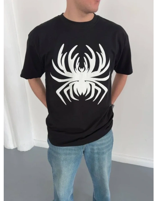 Erkek Örümcek Baskılı Tişört Kısa Kollu Bisiklet Yaka T-Shirt - Siyah